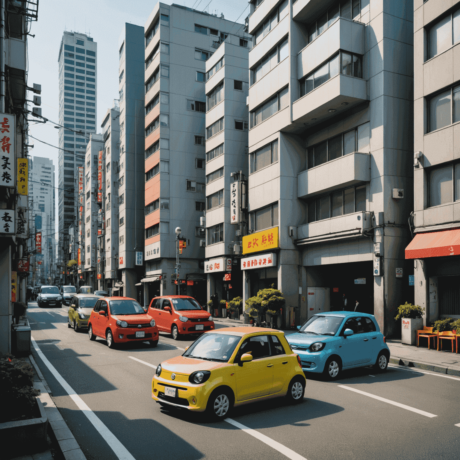 日本の都市部を走行する様々な色とデザインの軽自動車。背景には高層ビルが立ち並ぶ。