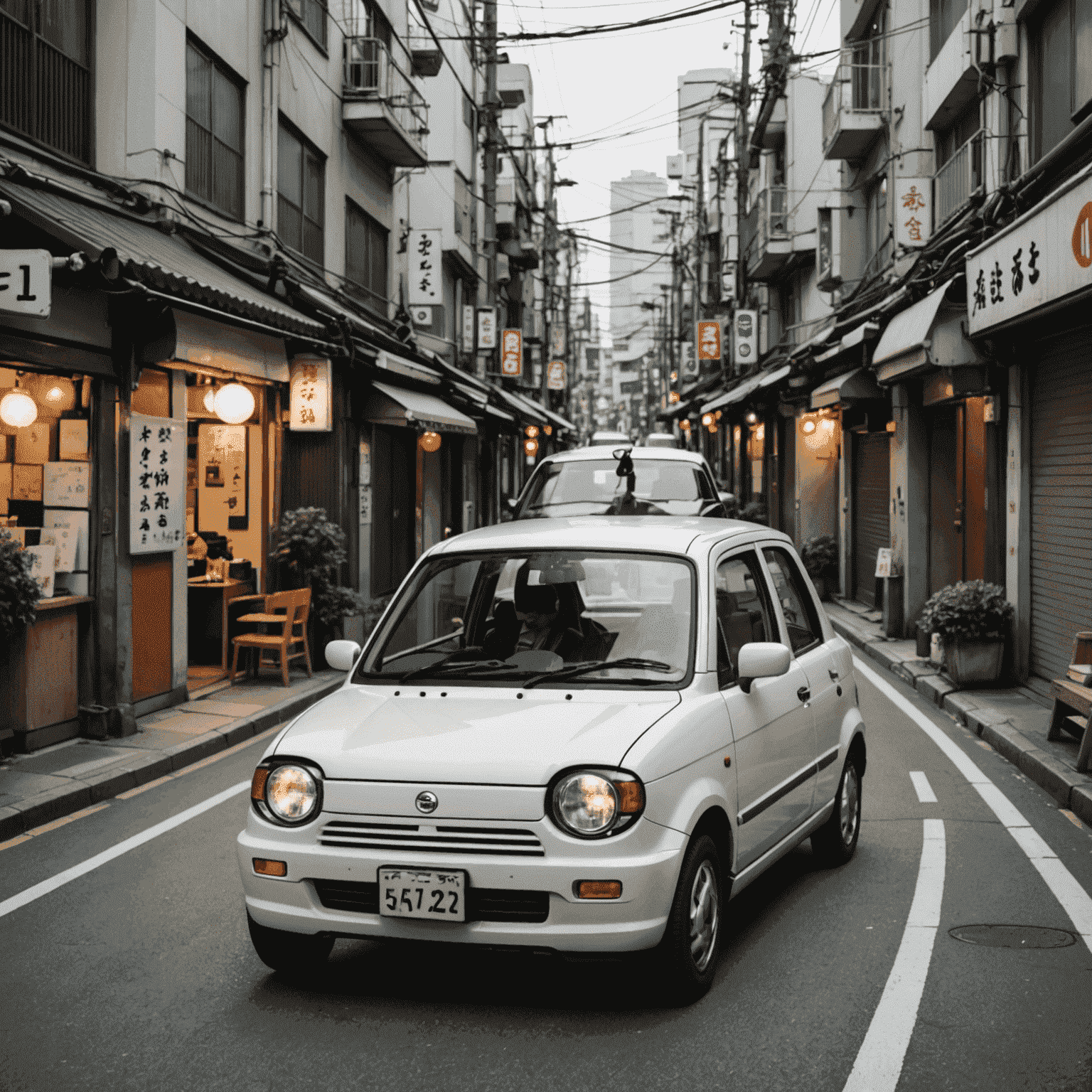 日本の軽自動車が都市部の狭い道路を走行している様子。コンパクトで効率的なデザインが特徴的。