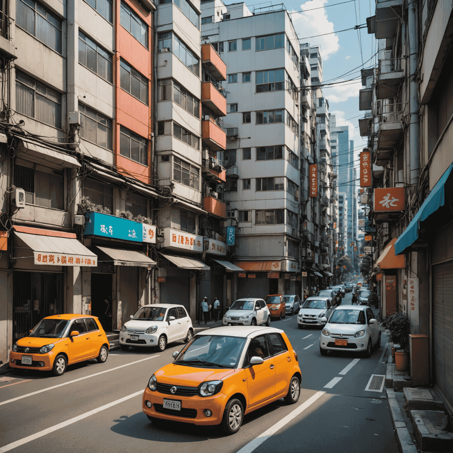 都市の狭い道路を走行する様々な色とデザインの軽自動車。背景には高層ビルが立ち並ぶ。