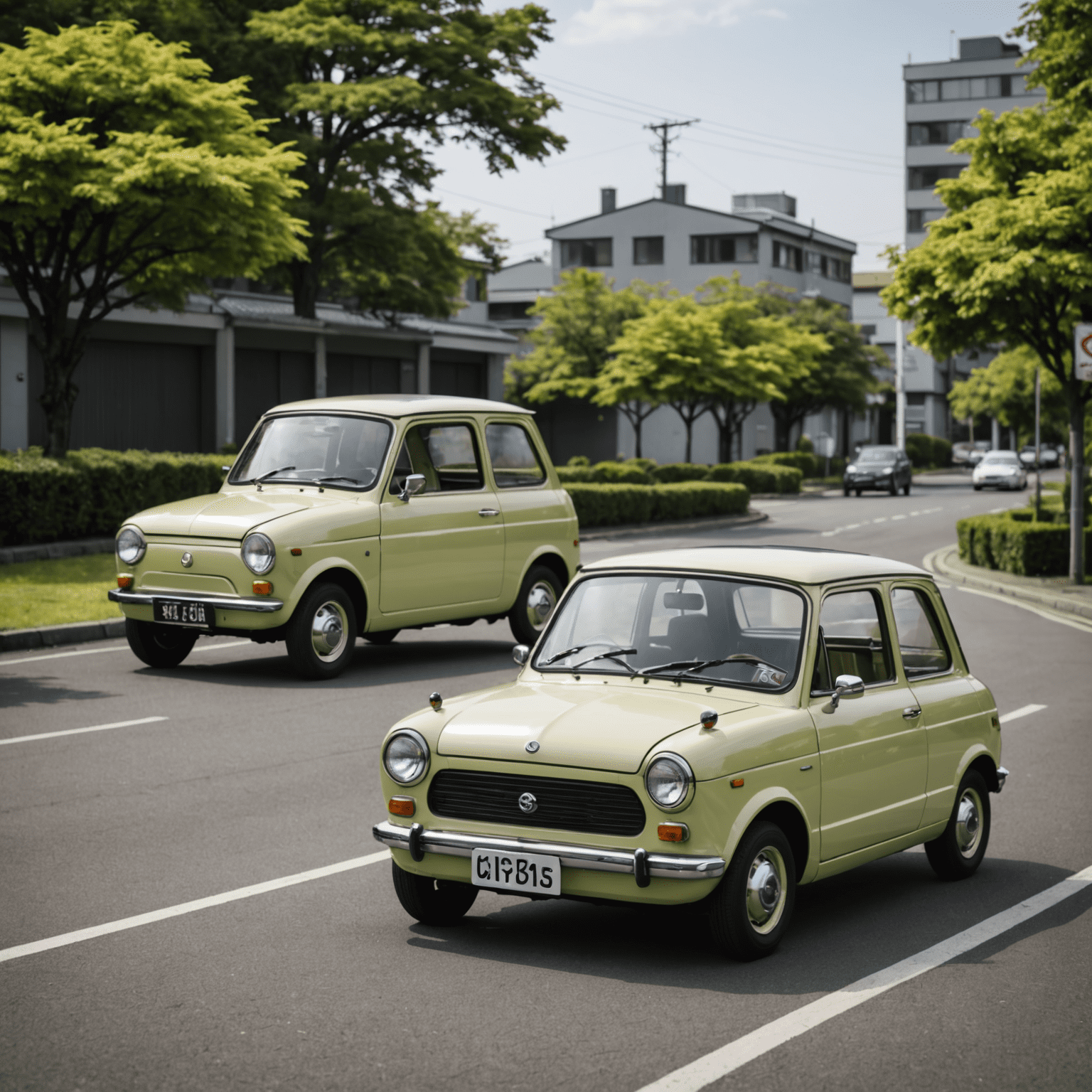 1960年代の古典的な軽自動車と現代の軽自動車を並べて比較している画像。技術の進化が明確に見て取れる。